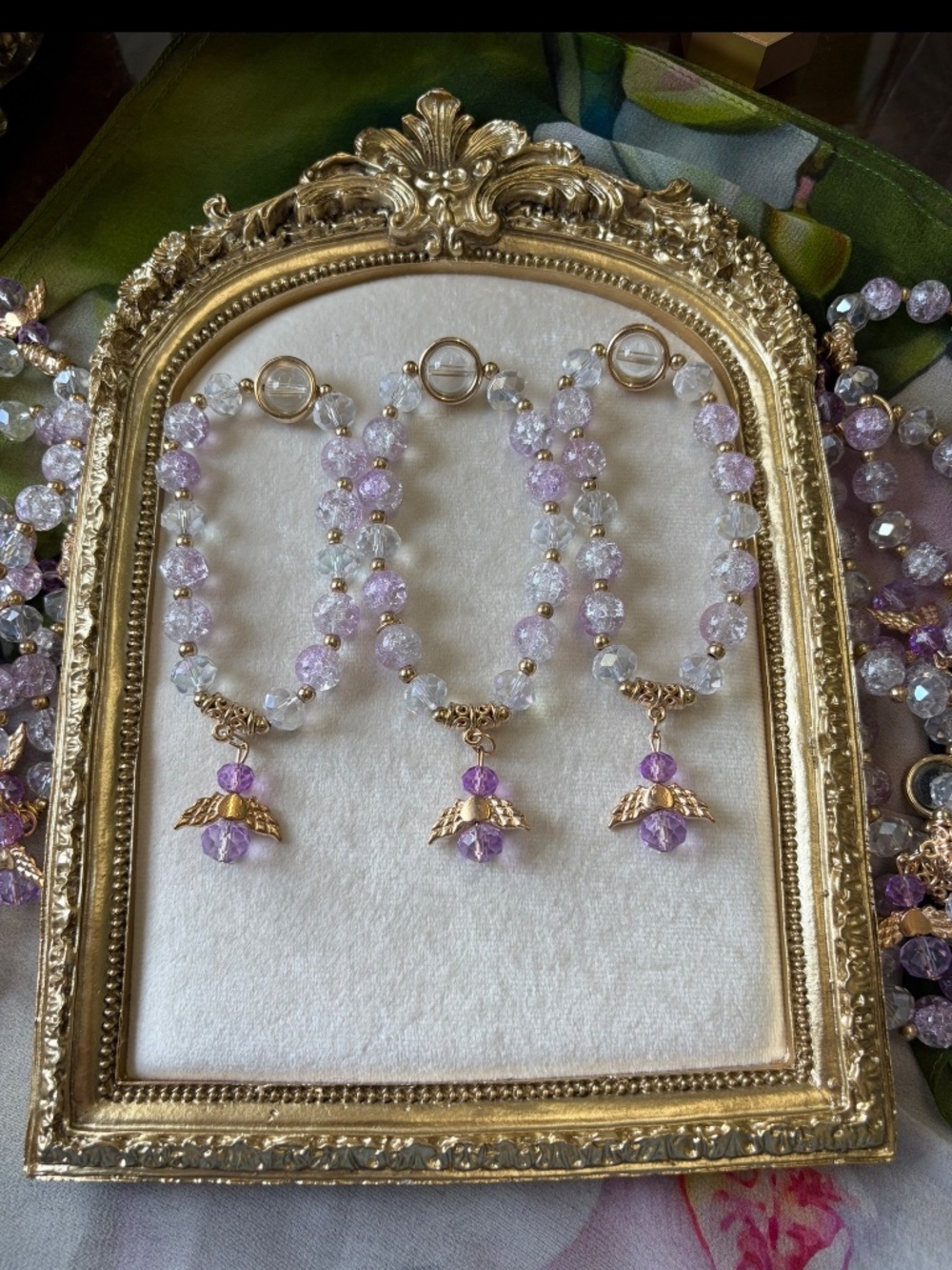 Lavender Glass Bead Stretch Bracelets with Angels Set of Three $15